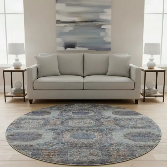 8' Teal Gray And Blue Abstract Geometric Washable Round Rug With UV Protection Photo 2