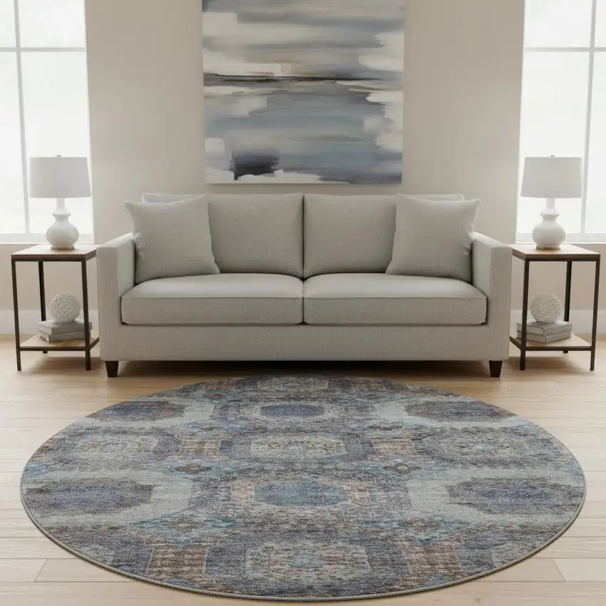 8' Teal Gray And Blue Abstract Geometric Washable Round Rug With UV Protection Photo 2