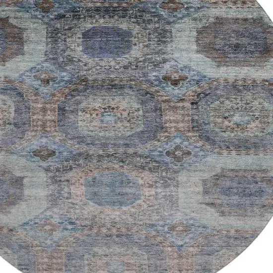 8' Teal Gray And Blue Abstract Geometric Washable Round Rug With UV Protection Photo 3