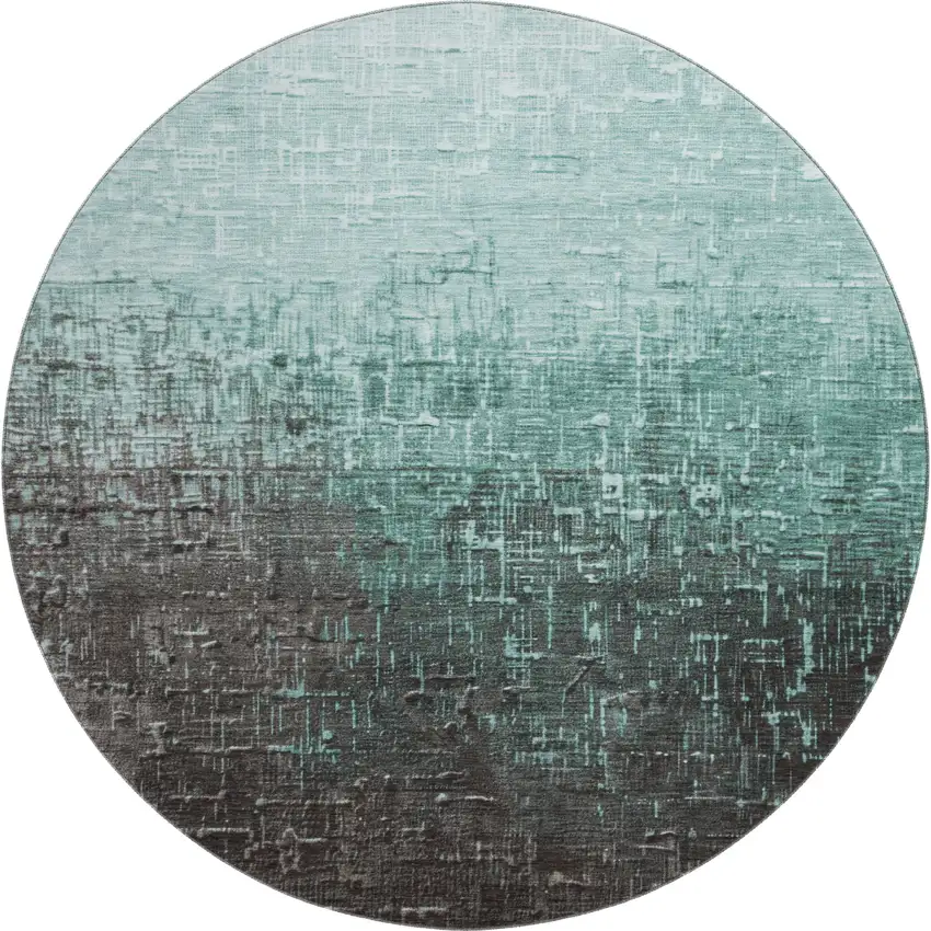 8' Teal Gray And Charcoal Ombre Washable Round Rug With UV Protection Photo 1