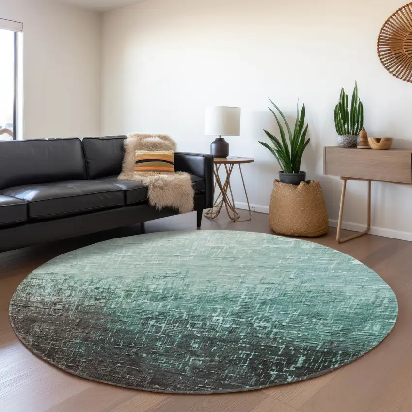 8' Teal Gray And Charcoal Ombre Washable Round Rug With UV Protection Photo 4