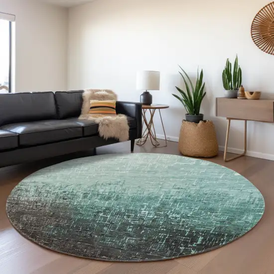 8' Teal Gray And Charcoal Ombre Washable Round Rug With UV Protection Photo 4