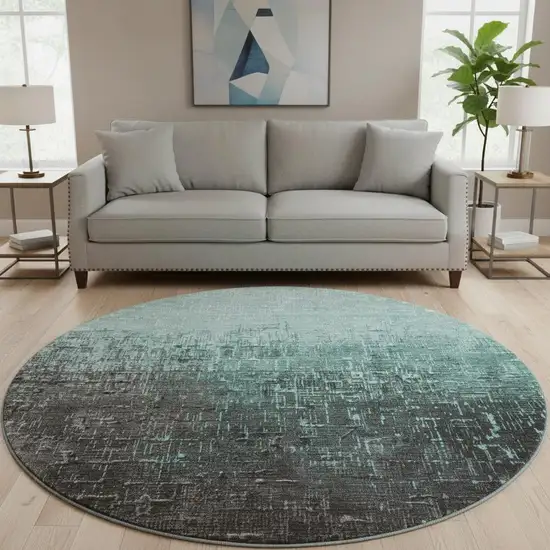 8' Teal Gray And Charcoal Ombre Washable Round Rug With UV Protection Photo 2