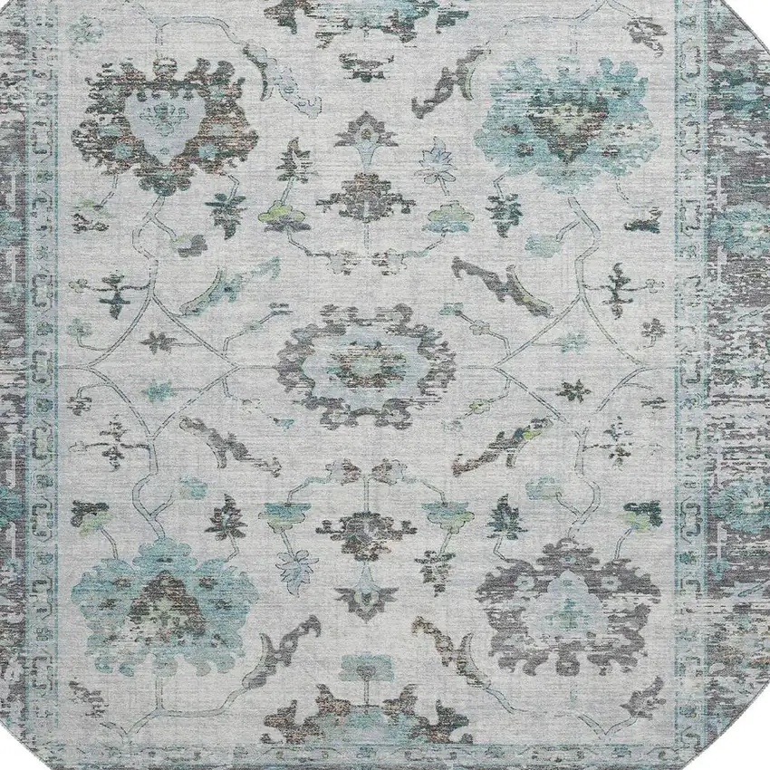 8' Teal Gray And Charcoal Oriental Washable Round Rug With UV Protection Photo 3