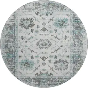 Photo of 8' Teal Gray And Charcoal Oriental Washable Round Rug With UV Protection