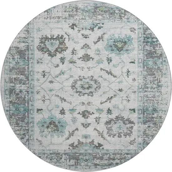 8' Teal Gray And Charcoal Oriental Washable Round Rug With UV Protection Photo 1