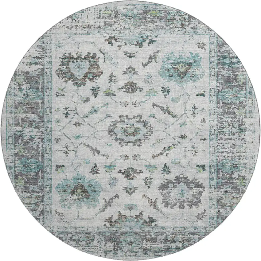 8' Teal Gray And Charcoal Oriental Washable Round Rug With UV Protection Photo 1