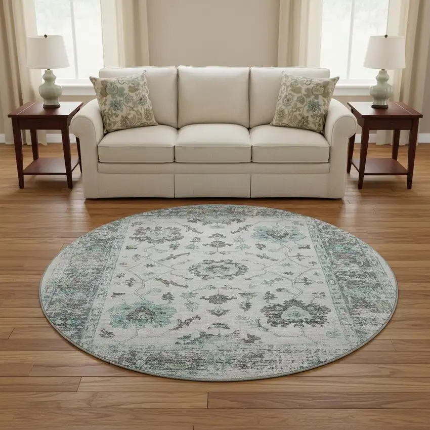 8' Teal Gray And Charcoal Oriental Washable Round Rug With UV Protection Photo 2