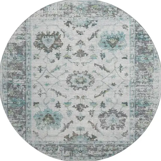 8' Teal Gray And Charcoal Oriental Washable Round Rug With UV Protection Photo 4