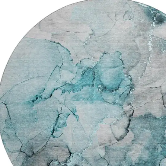 8' Teal Gray And Ivory Abstract Washable Round Rug With UV Protection Photo 3