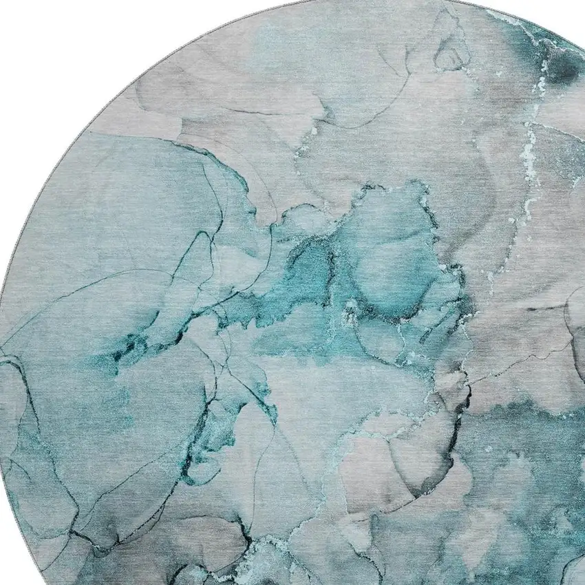 8' Teal Gray And Ivory Abstract Washable Round Rug With UV Protection Photo 3