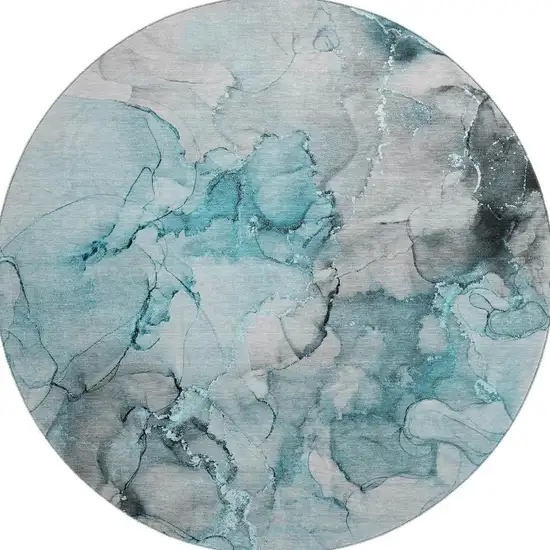 8' Teal Gray And Ivory Abstract Washable Round Rug With UV Protection Photo 4
