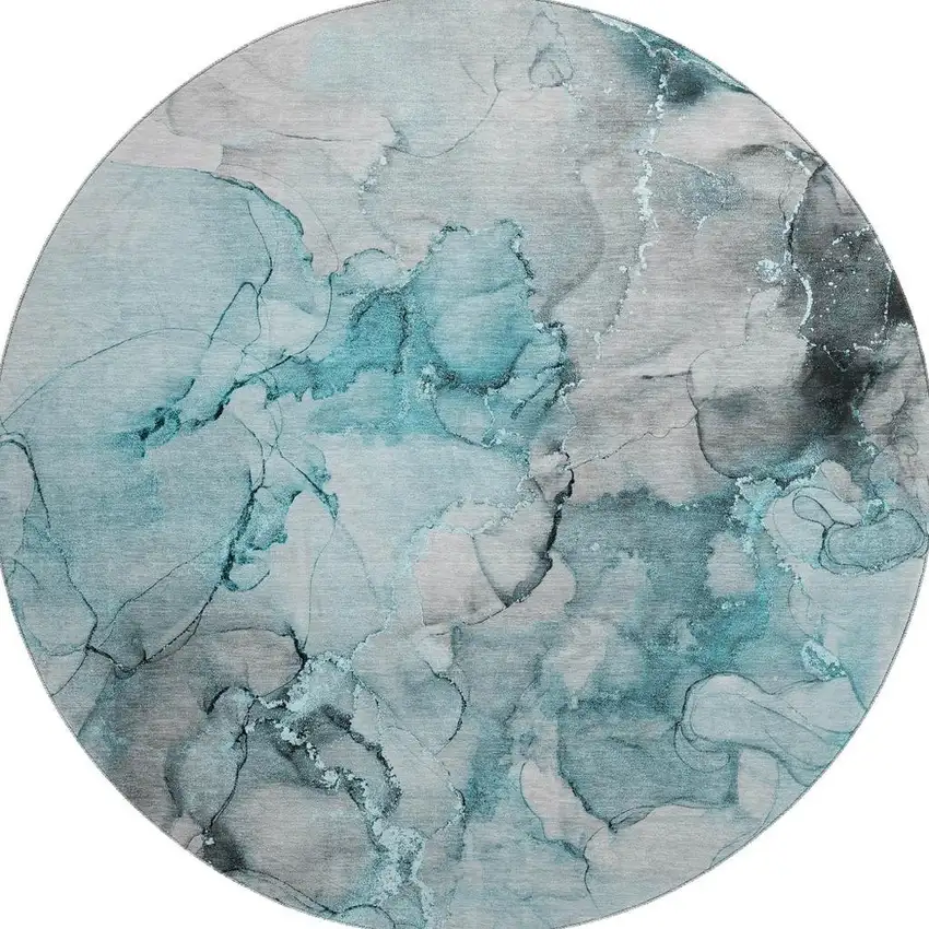 8' Teal Gray And Ivory Abstract Washable Round Rug With UV Protection Photo 4