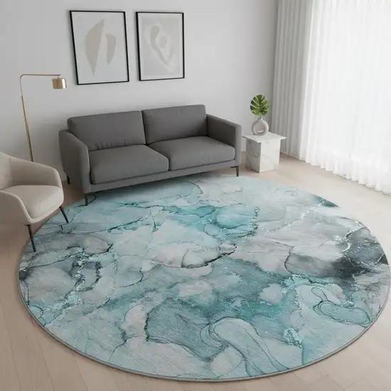 8' Teal Gray And Ivory Abstract Washable Round Rug With UV Protection Photo 2