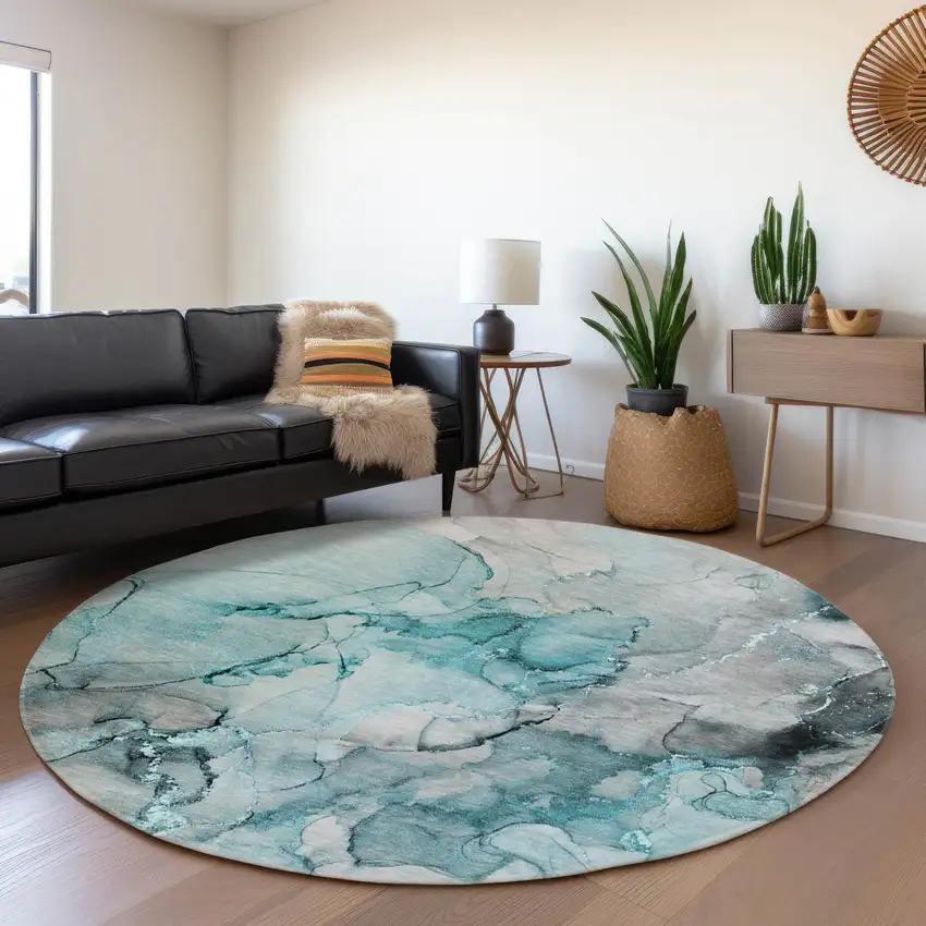 8' Teal Gray And Ivory Abstract Washable Round Rug With UV Protection Photo 5