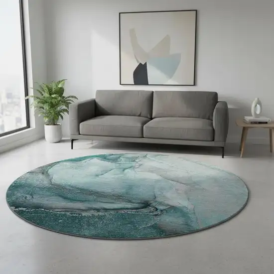 8' Teal Gray And Ivory Abstract Washable Round Rug With UV Protection Photo 2