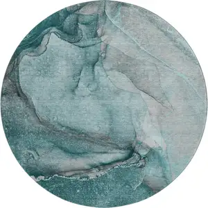 Photo of 8' Teal Gray And Ivory Abstract Washable Round Rug With UV Protection