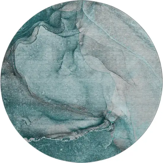 8' Teal Gray And Ivory Abstract Washable Round Rug With UV Protection Photo 1