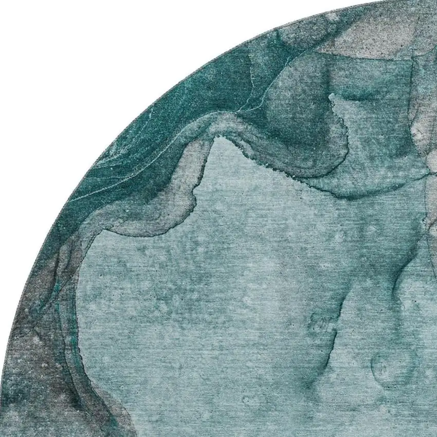 8' Teal Gray And Ivory Abstract Washable Round Rug With UV Protection Photo 4