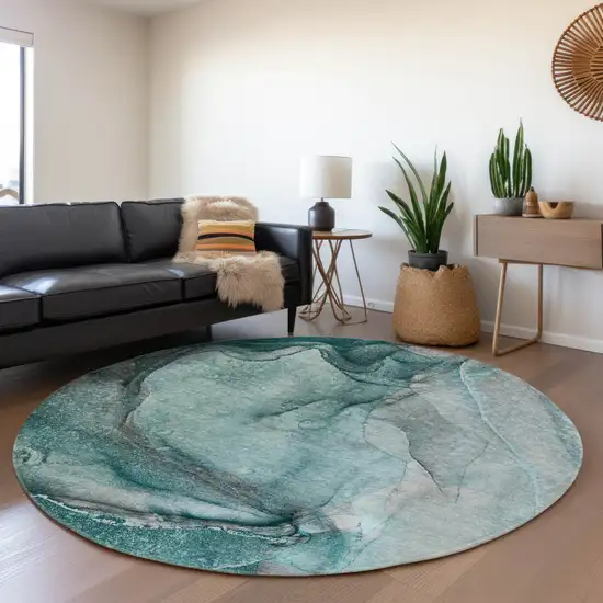 8' Teal Gray And Ivory Abstract Washable Round Rug With UV Protection Photo 5