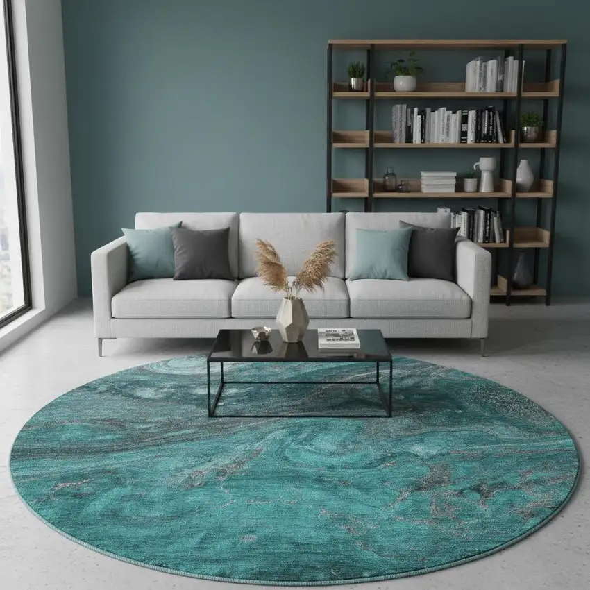 8' Teal Gray And Ivory Abstract Washable Round Rug With UV Protection Photo 2