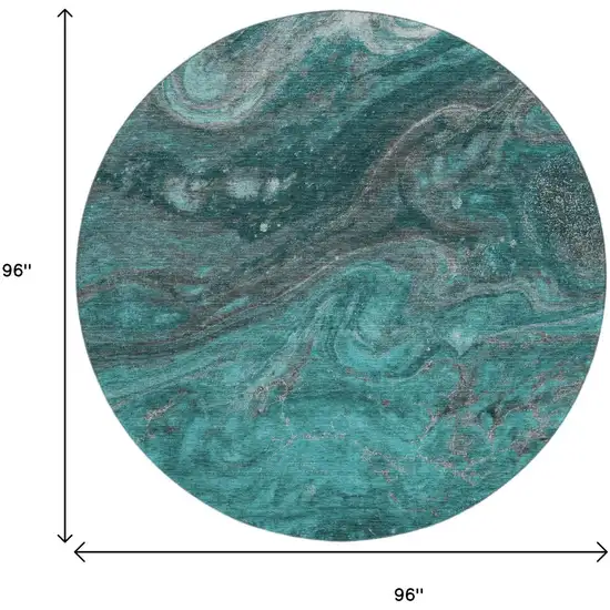 8' Teal Gray And Ivory Abstract Washable Round Rug With UV Protection Photo 3