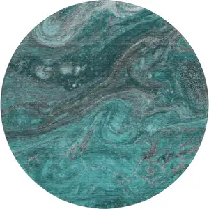 Photo of 8' Teal Gray And Ivory Abstract Washable Round Rug With UV Protection