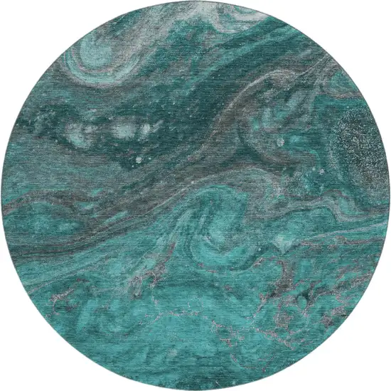 8' Teal Gray And Ivory Abstract Washable Round Rug With UV Protection Photo 1
