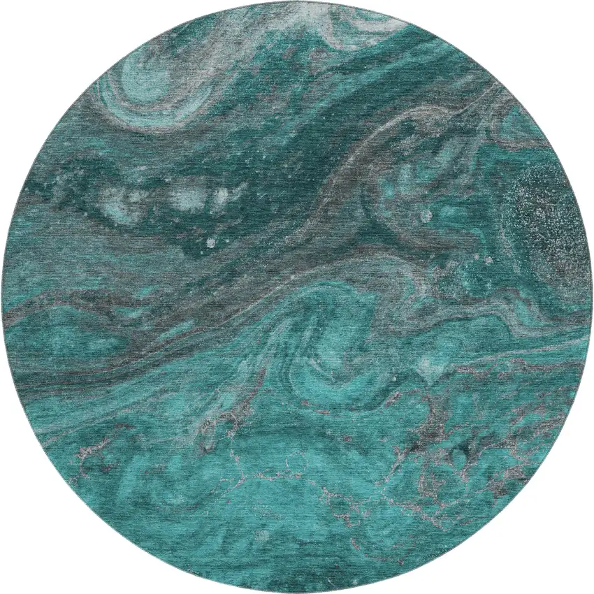 8' Teal Gray And Ivory Abstract Washable Round Rug With UV Protection Photo 1