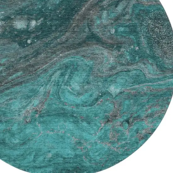 8' Teal Gray And Ivory Abstract Washable Round Rug With UV Protection Photo 3