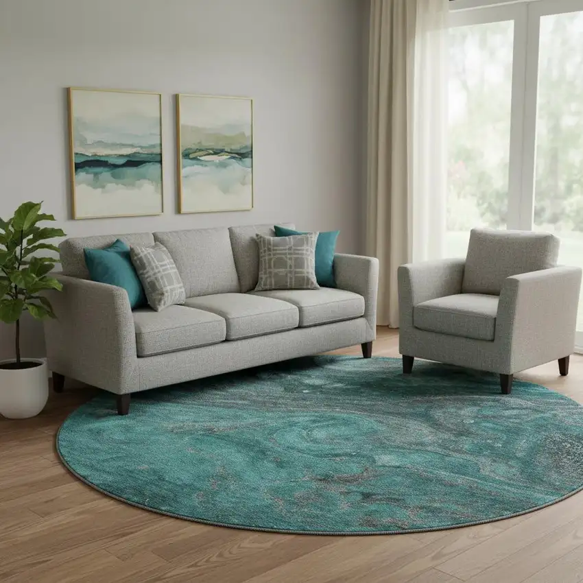 8' Teal Gray And Ivory Abstract Washable Round Rug With UV Protection Photo 1