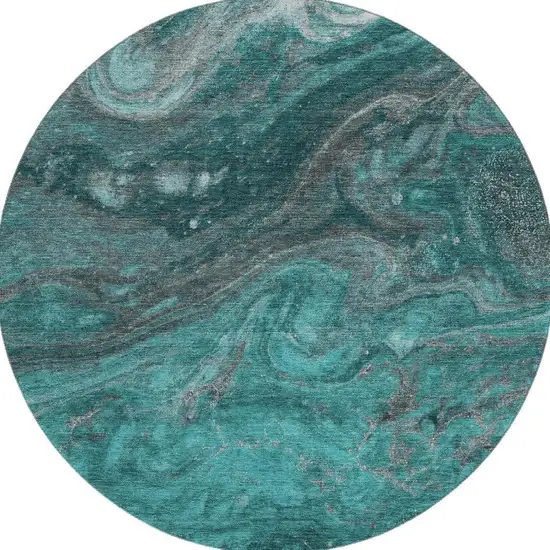 8' Teal Gray And Ivory Abstract Washable Round Rug With UV Protection Photo 4