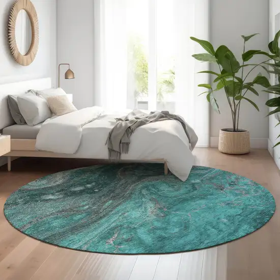 8' Teal Gray And Ivory Abstract Washable Round Rug With UV Protection Photo 5