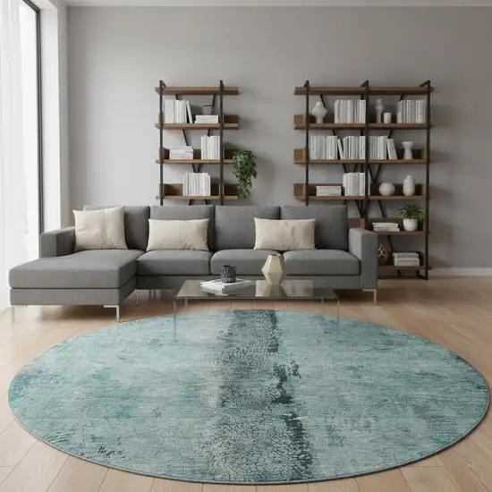 8' Teal Gray And Ivory Abstract Washable Round Rug With UV Protection Photo 2