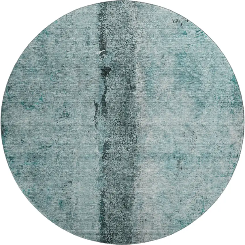 8' Teal Gray And Ivory Abstract Washable Round Rug With UV Protection Photo 1