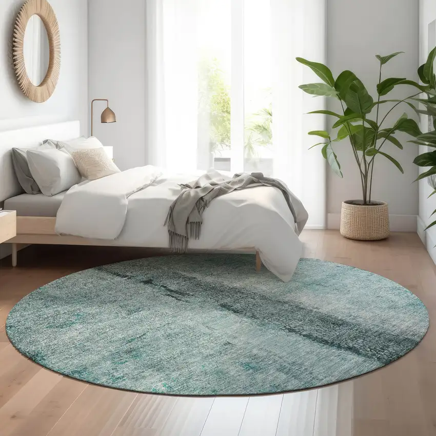8' Teal Gray And Ivory Abstract Washable Round Rug With UV Protection Photo 4