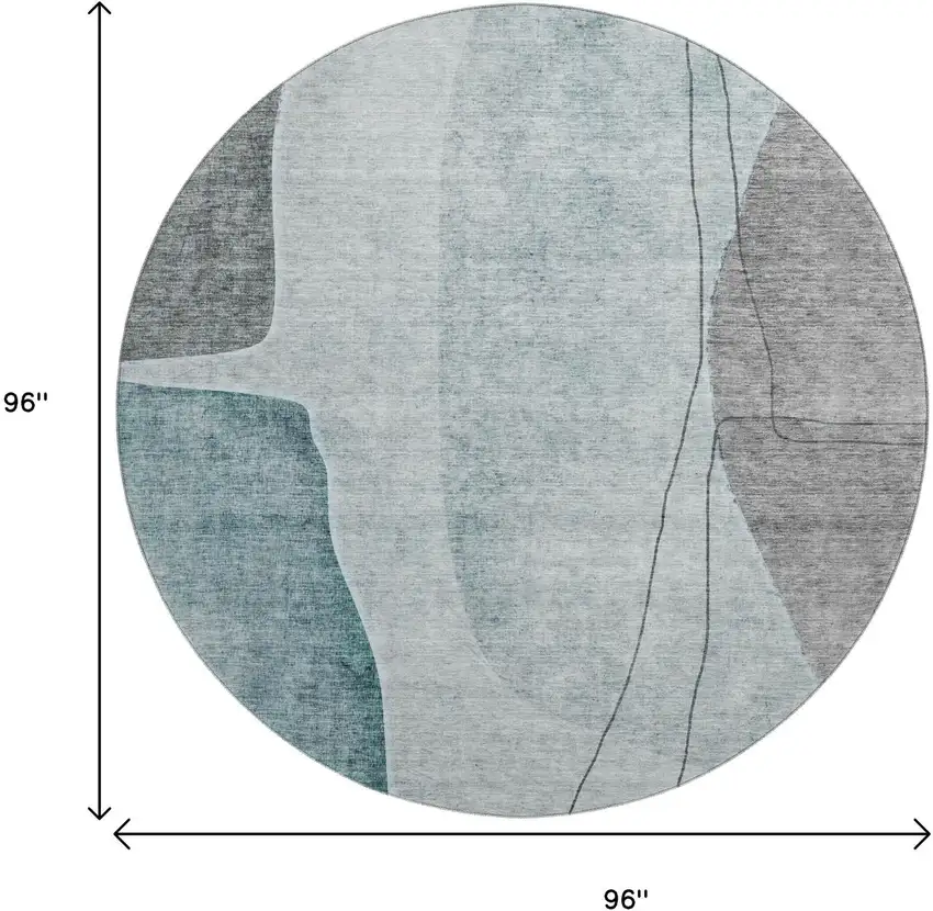 8' Teal Gray And Ivory Abstract Washable Round Rug With UV Protection Photo 6