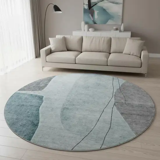 8' Teal Gray And Ivory Abstract Washable Round Rug With UV Protection Photo 2