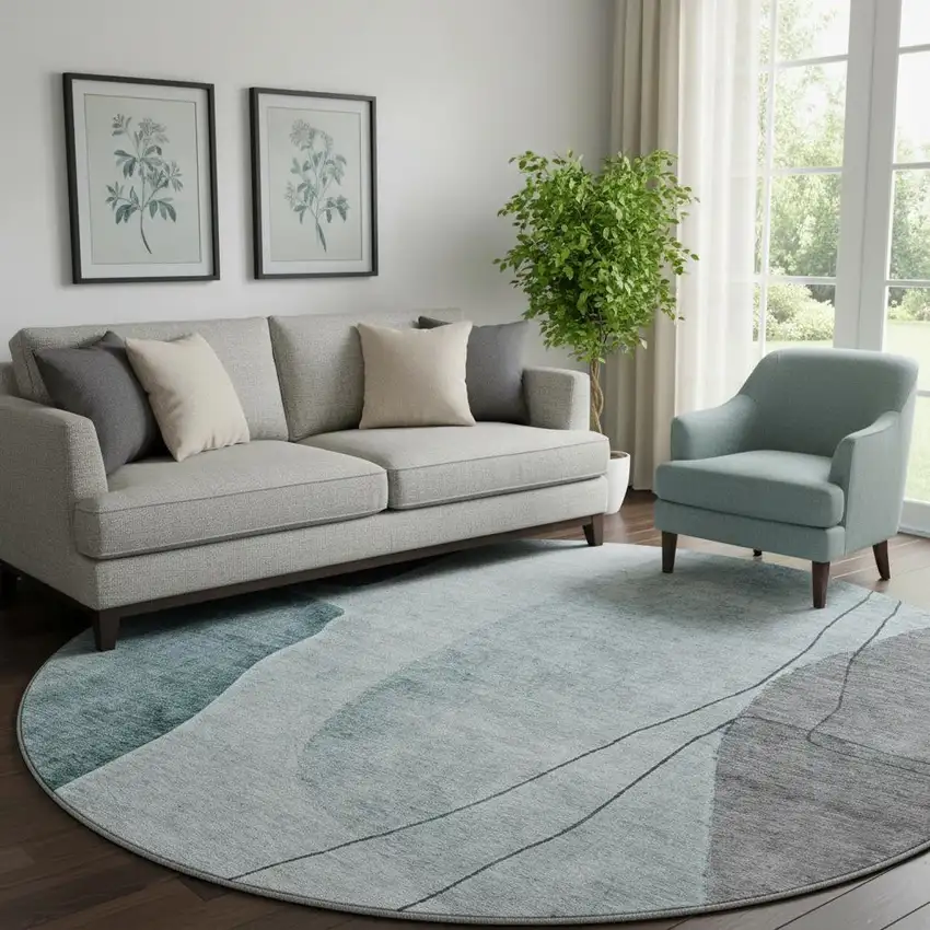 8' Teal Gray And Ivory Abstract Washable Round Rug With UV Protection Photo 1