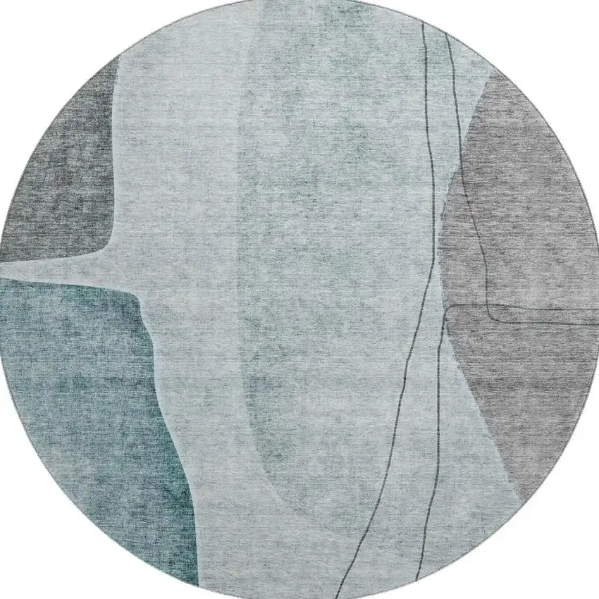 8' Teal Gray And Ivory Abstract Washable Round Rug With UV Protection Photo 4