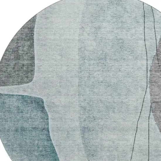 8' Teal Gray And Ivory Abstract Washable Round Rug With UV Protection Photo 3