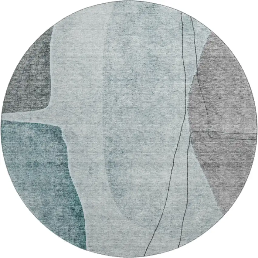 8' Teal Gray And Ivory Abstract Washable Round Rug With UV Protection Photo 1