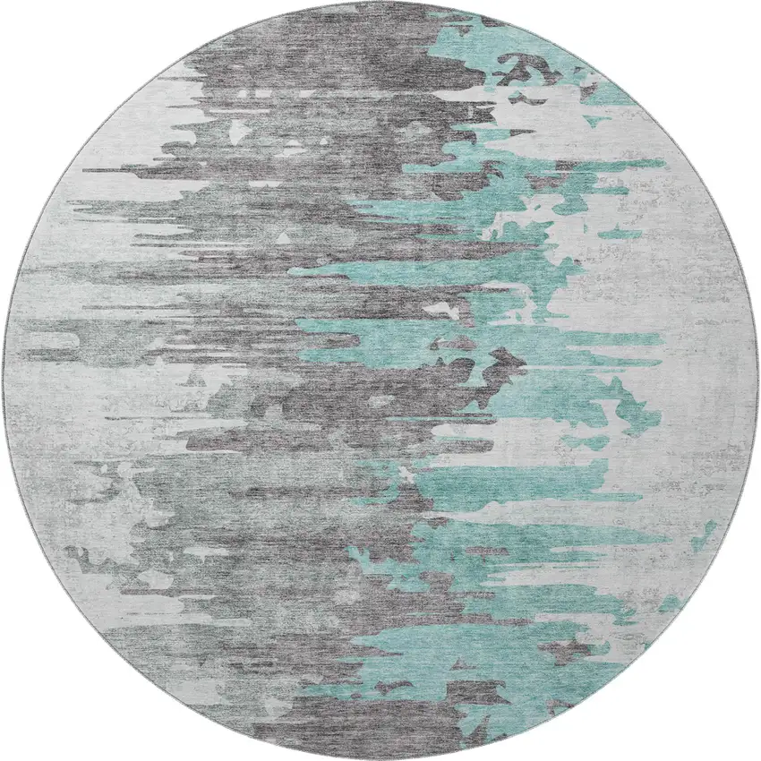 8' Teal Gray And Ivory Abstract Washable Round Rug With UV Protection Photo 3