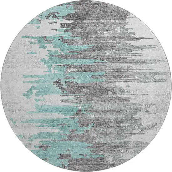 8' Teal Gray And Ivory Abstract Washable Round Rug With UV Protection Photo 1