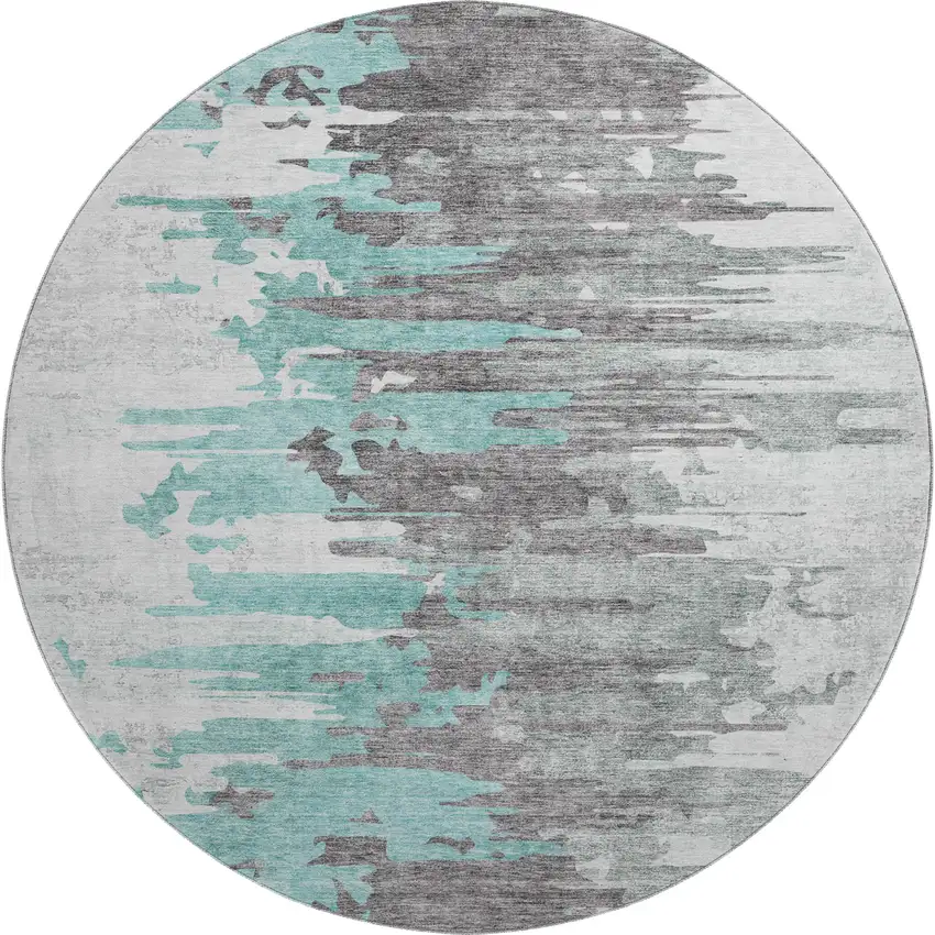 8' Teal Gray And Ivory Abstract Washable Round Rug With UV Protection Photo 1