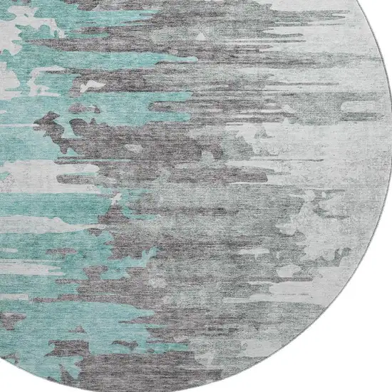 8' Teal Gray And Ivory Abstract Washable Round Rug With UV Protection Photo 4