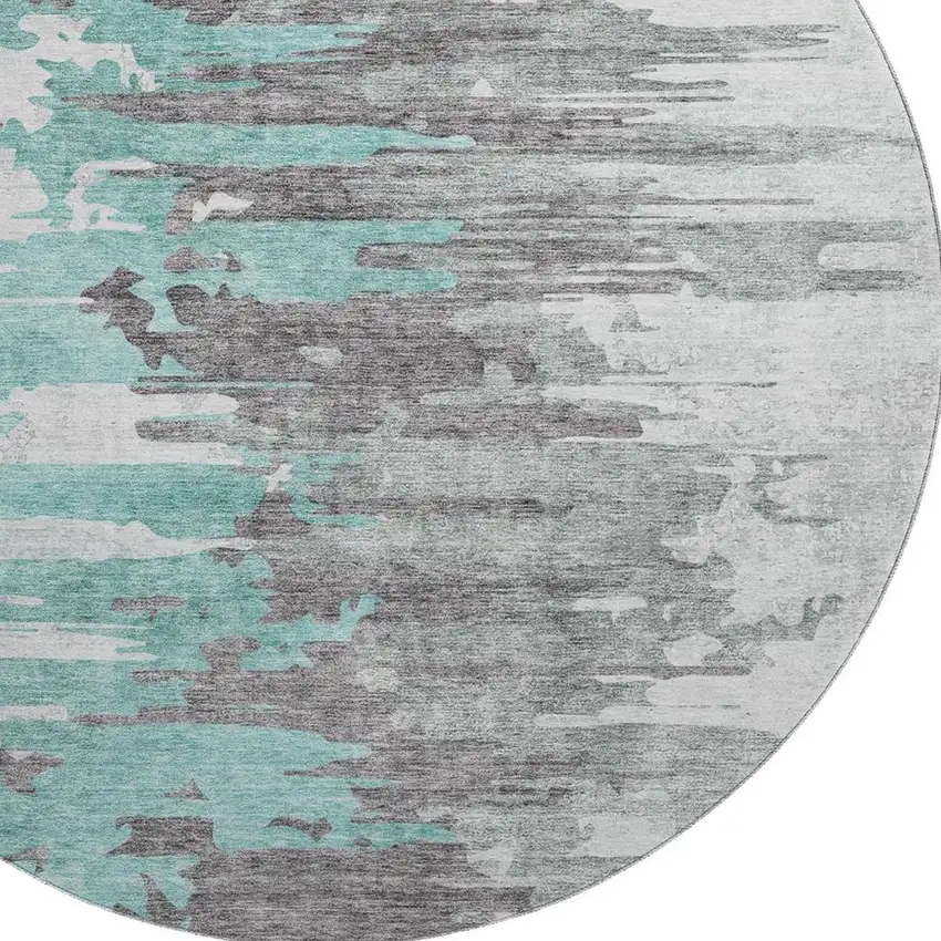 8' Teal Gray And Ivory Abstract Washable Round Rug With UV Protection Photo 4