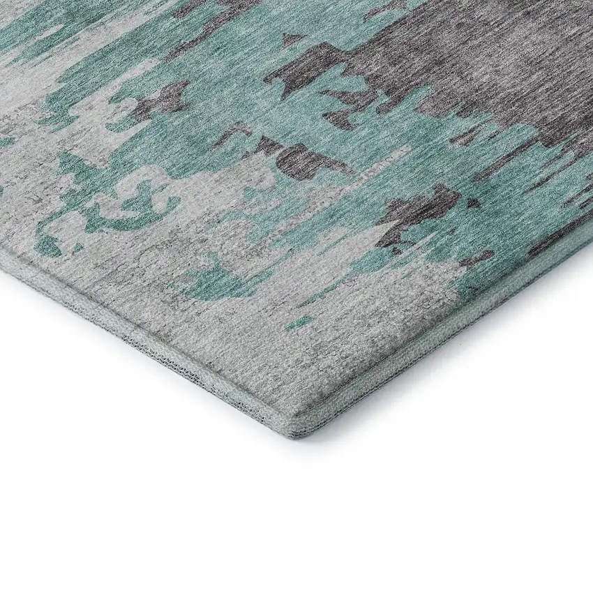 8' Teal Gray And Ivory Abstract Washable Round Rug With UV Protection Photo 8