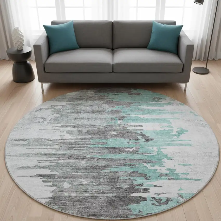 8' Teal Gray And Ivory Abstract Washable Round Rug With UV Protection Photo 2