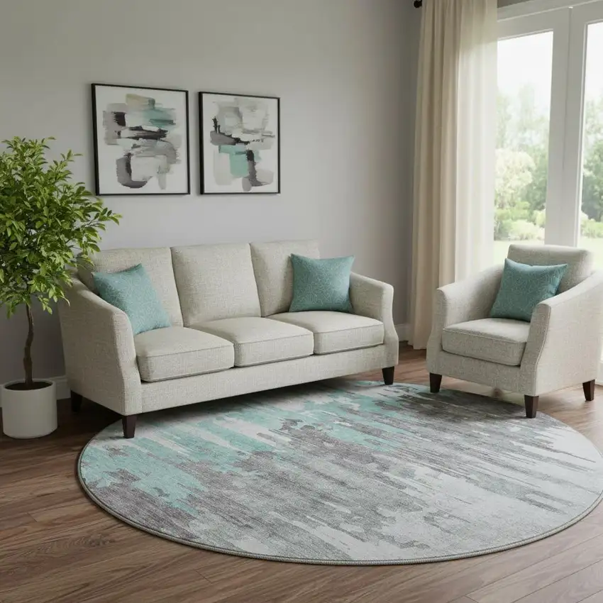 8' Teal Gray And Ivory Abstract Washable Round Rug With UV Protection Photo 1